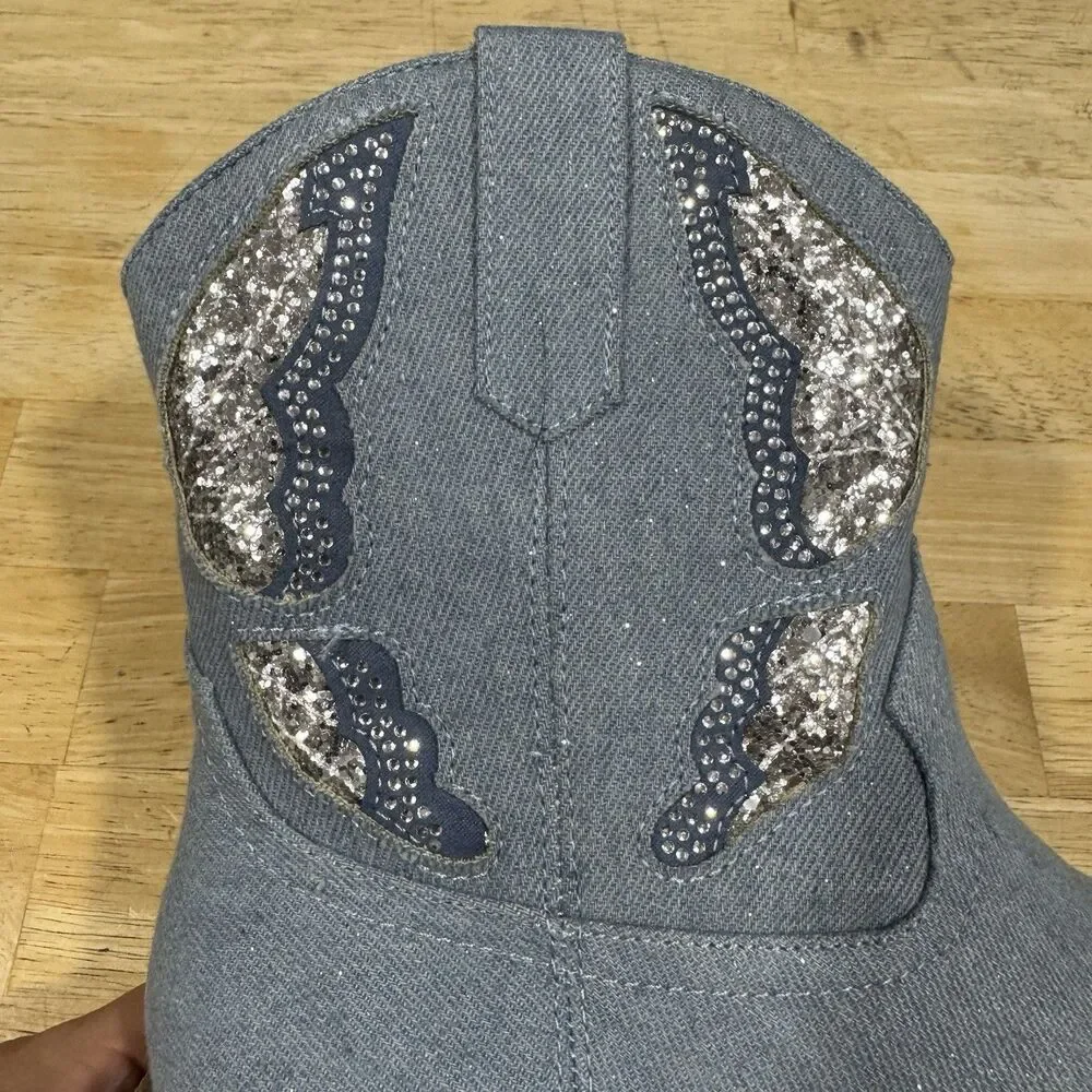Madden Girl Misses Girls' MTINAA Denim Rhinestone Cowboy Short Boots Size 5 NEW